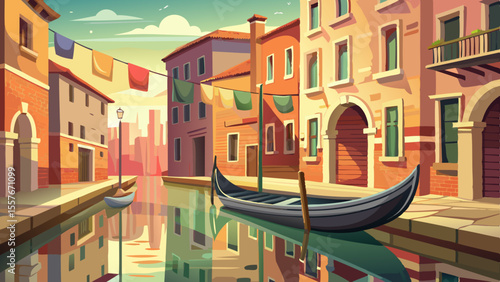 Quiet morning reflections on still canal water, gondola gently floating past pastel buildings. Light glimmers on ripples, hanging laundry sways in breeze, soft golden glow over aged brick.

