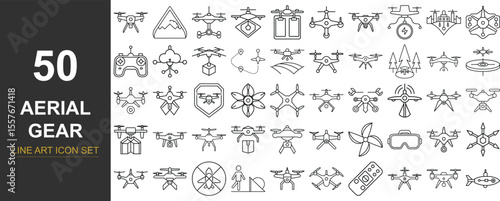 50 Line Art Vector Icons of Drone Gear and Flying Tech — Including FPV Drones, Thermal Cameras, Flight Paths, and High-Tech Aerial Equipment for Mobile Interfaces, Presentations, and Digital Products