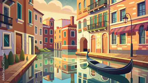Quiet morning reflections on still canal water, gondola gently floating past pastel buildings. Light glimmers on ripples, hanging laundry sways in breeze, soft golden glow over aged brick.

