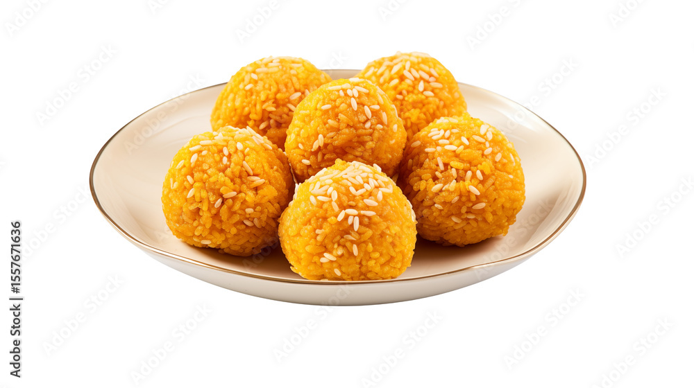 A close up of a plate of six orange colored laddu sweets with white sesame seeds on a white plate A close up of a plate of six orange colored laddu sweets with white sesame seeds on a white plate