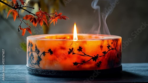 Orange Candle With Cherry Blossom Design