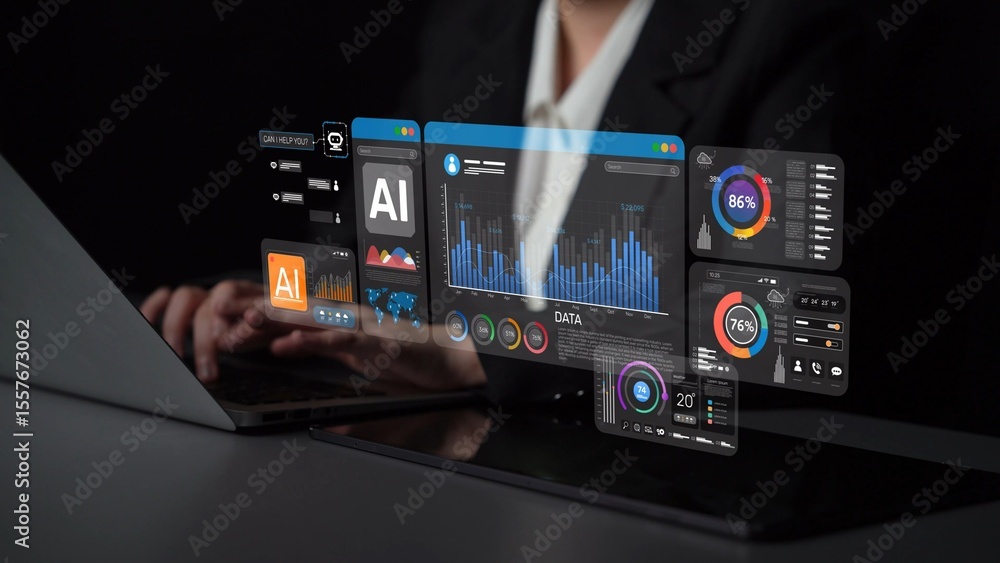 Fototapeta premium AI Assistant Brain Processor with LLM Technology, Big Data, Machine Learning, Generative AI for Business Support, Future Agentic AI Technology and Artificial Intelligence Prompt Engineering. Muxer