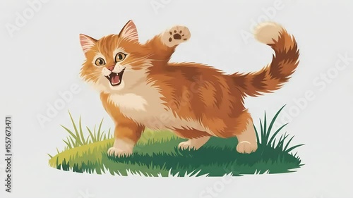Playful Orange Kitten On Green Grass