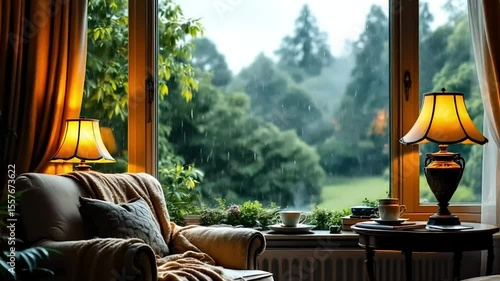 Rainy Day View From Cozy Living Room
