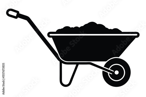 wheelbarrow with soil and gardening tools line art