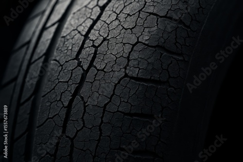 Close up Detail of Cracked and Worn out Black Tire Texture Automotive Rubber Surface