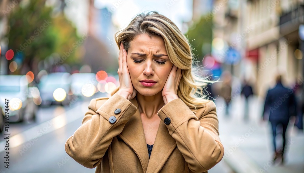 Fototapeta premium Woman Covering Ears in Noisy City Street Stress Anxiety.