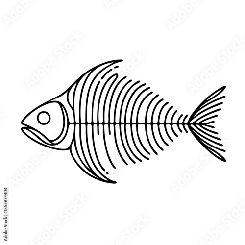 Fish skeleton in a minimalist line art style in black and white representing fossils or death