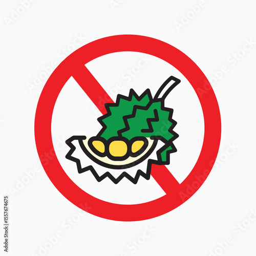 Durian Forbidden: A striking graphic, a vibrant durian fruit sliced open and placed inside a red prohibition sign. Representing the restriction or prohibition of this pungent delicacy.