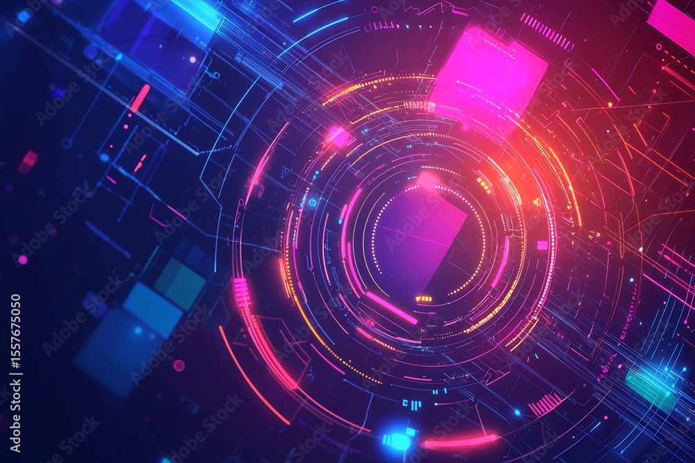 Fototapeta premium Futuristic Tech Background Neon Circuits Digital Interface Abstract Design Vivid Colors Glowing Lines Pink Blue Red