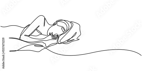 Woman sleeping on pillow bed continuous one line drawing. Sleeping woman in single line art illustration. Editable vector, Continuous single line sketch drawing of woman sleep, Woman home sleep relax.