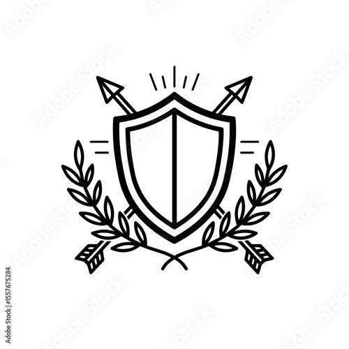Shield emblem with crossed arrows and olive branches. This classic shield design features crossed arrows symbolizing protection and strength. Olive branches represent peace and victory.