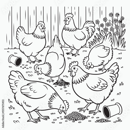 Coloring page of chickens eating grain in a farmyard scene