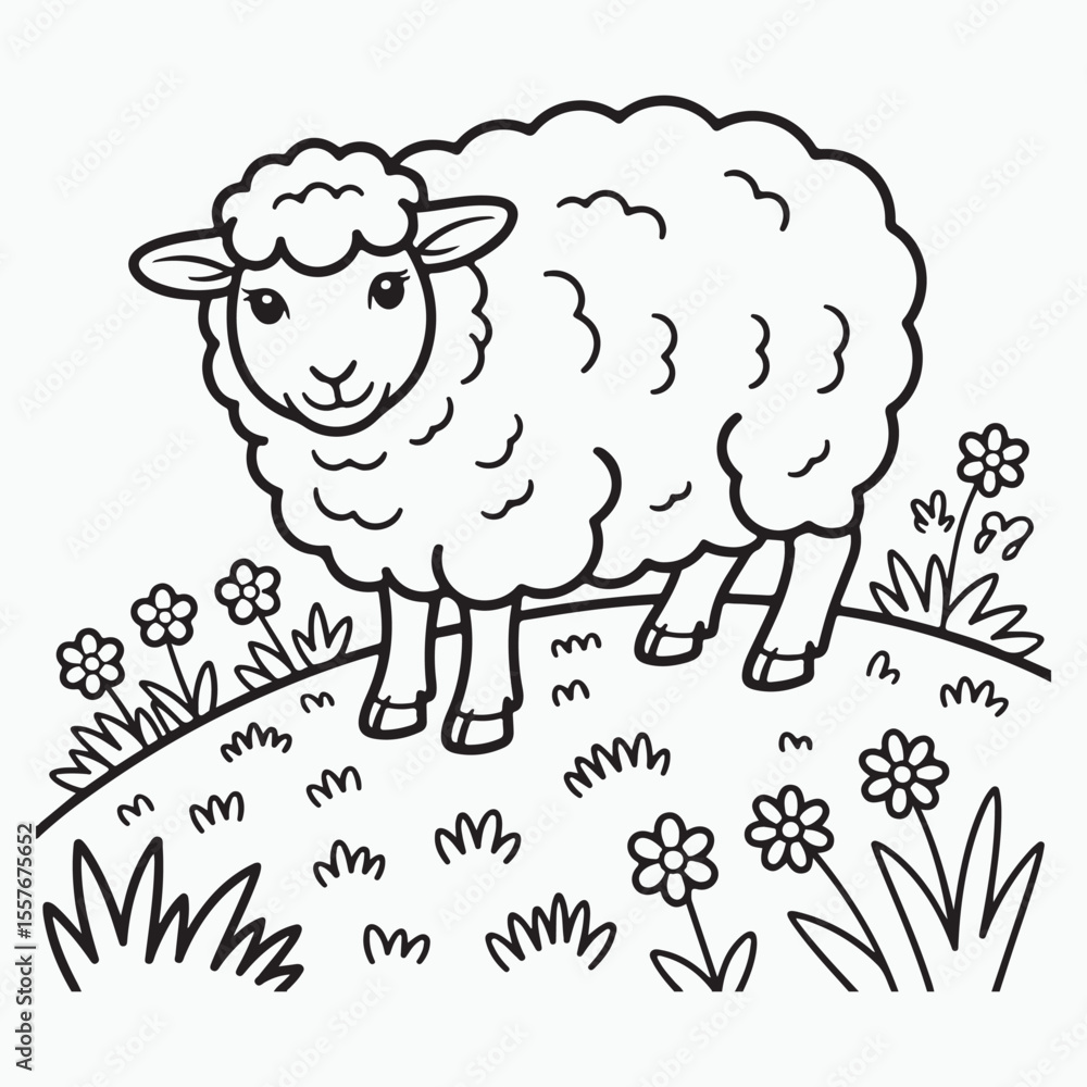 Obraz premium Illustration of a sheep standing in a field of flowers