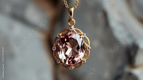  Morganite and Rose Gold Pendant  Close-up photograph of a morganite and rose gold pendant