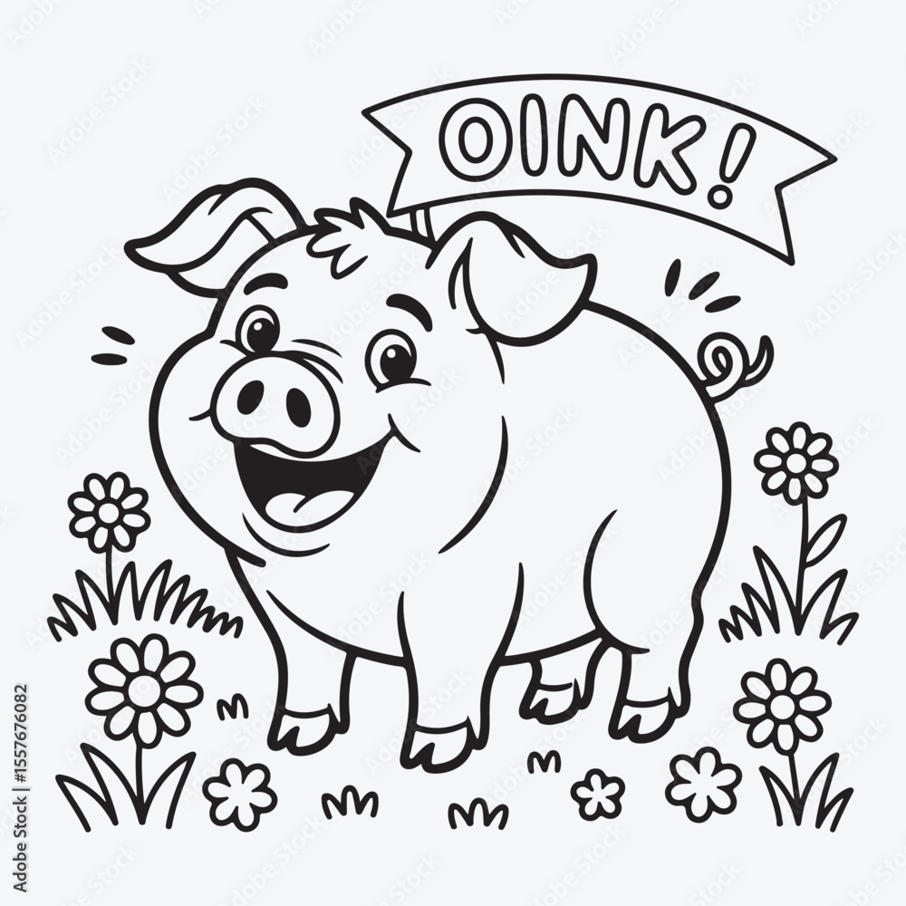 Obraz premium Cartoon pig with oink banner in a field of flowers outline
