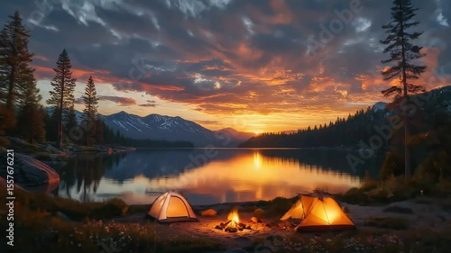 Sunset Camping By Lakeside With Tents And Fire