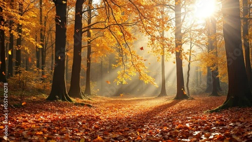 Sunlit Autumn Forest Scene with Fallen Leaves and Golden Foliage on Trees