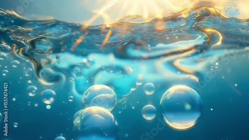 Underwater Scene with Bubbles and Sunlight Refraction Through the Water Surface Creates Brightness and Deep Blue