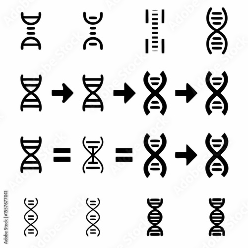 Illustration showing dna strands, arrows, and equals signs, representing genetic processes and transformations