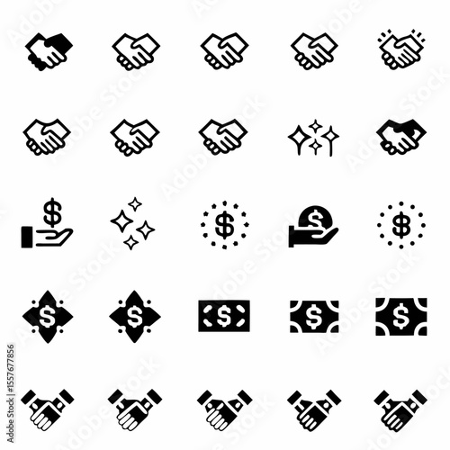 Illustration showing multiple handshake icons and dollar related icons representing business deals and finance