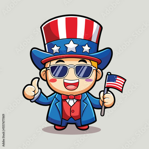 Cute chibi Uncle Sam emoji winking with USA flag sunglasses and thumbs up patriotic illustration