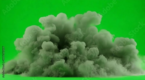 Voluminous Gray Smoke Cloud against Vibrant Green Backdrop Abstract Atmospheric Render
