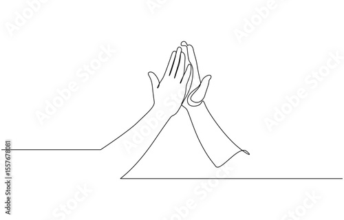 Continuous One Line Drawing High Five Hands. Teamwork Success Celebration, One line drawing of two men giving high fives gesture hands. Two friends smile with their hands up and clap their palms.