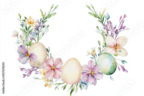 Easter Floral Wreath. Watercolor Illustration of Festive Eggs Surrounded by Vibrant Spring Flowers