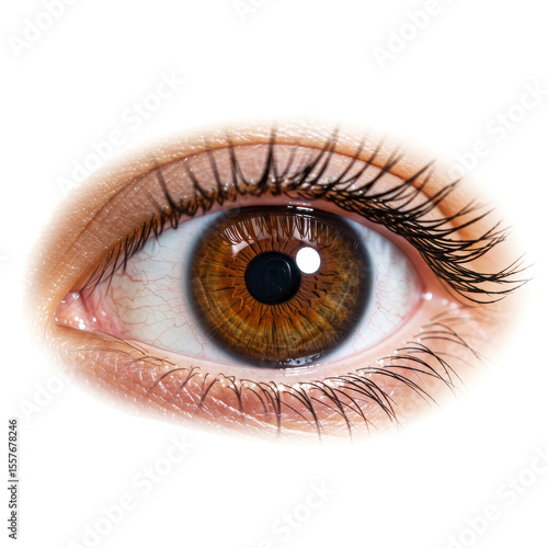 Close-up of human eye with brown iris and long eyelashes  