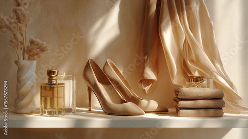 High fashion still life with champagne heels, satin fabric, and designer fragrance styled on minimal shelf in soft sunlight
