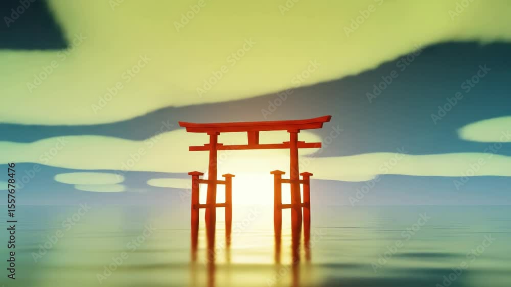 Red torii gate stands in water sun shining through Clouds in the sky Red torii gate stands in water sun shining through Clouds in the sky