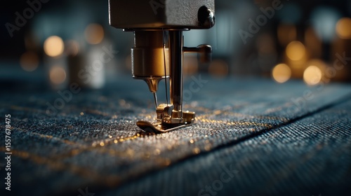 Sewing machine close-up while stitching through structured blue fabric, detailed view of the needle and golden thread in warm studio lighting