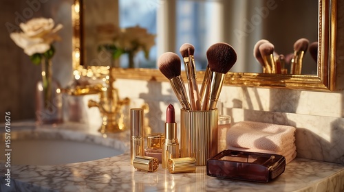 Gilded makeup brushes and luxury cosmetics arranged on marble sink with fresh roses and golden accents in soft morning light