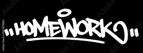 Graffiti tag "Homework" in white on black background. Hand drawn urban style for student life, schoolwork themes, and educational visuals.