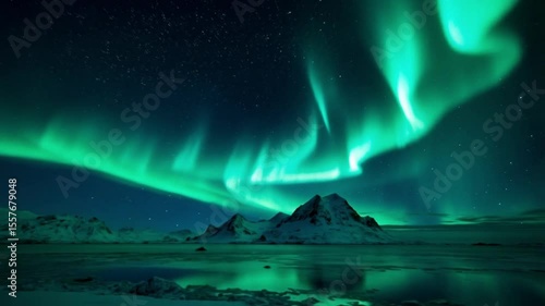 A mesmerizing view of aurora borealis over a snowy mountain landscape reflecting in the water video