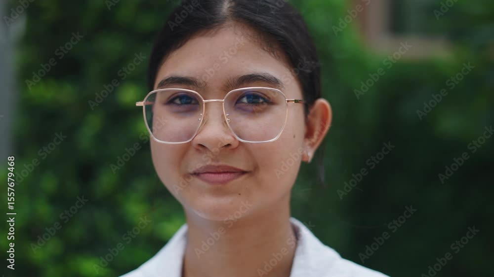 Closeup face of young Asian girl with big glasses and many earrings smile and stare at camera sitting in a park Closeup face of young Asian girl with big glasses and many earrings smile and stare at camera sitting in a park