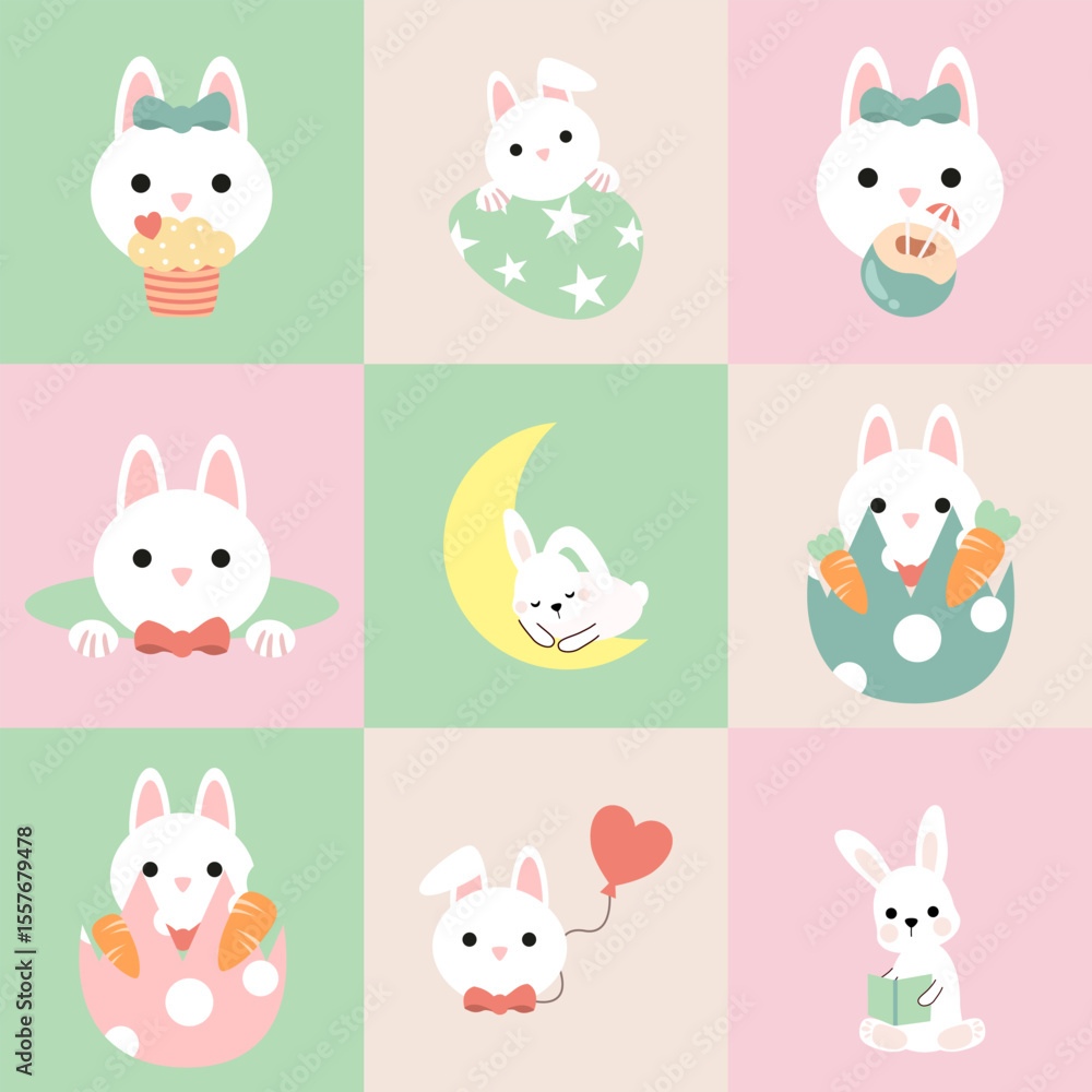 Seamless pattern of Easter bunnies, eggs, and flowers. Vector graphics. Seamless pattern of Easter bunnies, eggs, and flowers. Vector graphics.