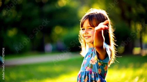 Young Girl with arms raised surrounded by colorful flower petals in a sunny park setting