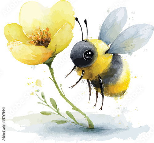 A yellow honeybee insect on a flower in a summer garden collecting pollen