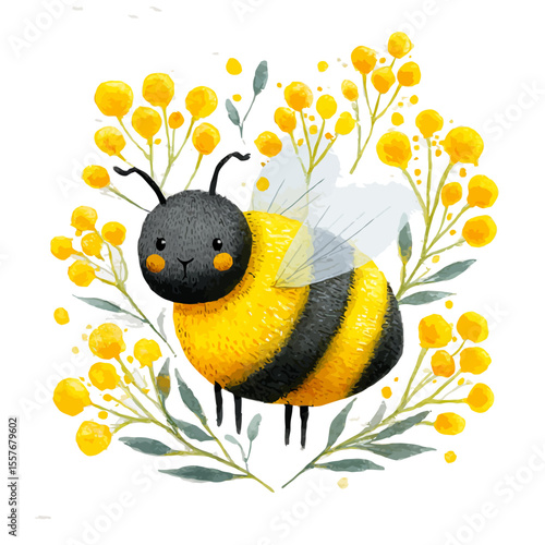 A smiling cartoon bee with a happy face flies through the yellow summer sky among cute floral patterns and sunny flowersA smiling cartoon bee with a happy face flies through the yellow summer sky amon