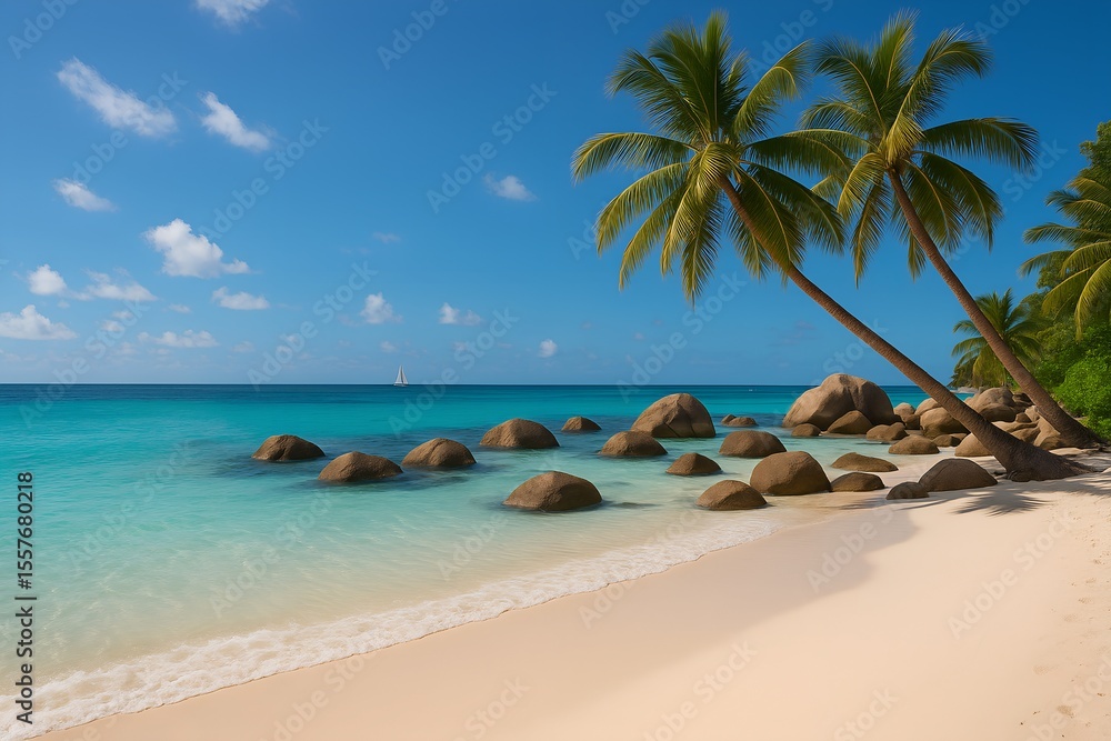Tropical Beach Paradise Palm Trees, White Sand, and Turquoise Waters Tropical Beach Paradise Palm Trees, White Sand, and Turquoise Waters