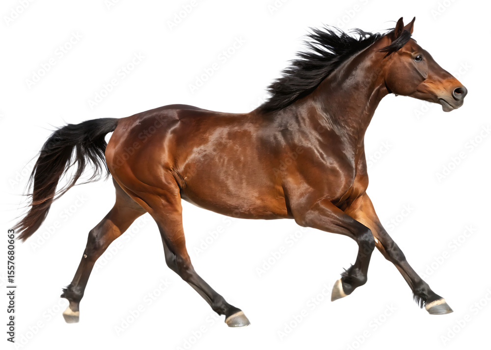 Obraz premium A muscular bay horse with a flowing mane and tail trots gracefully on a black background isolated on a transparent background