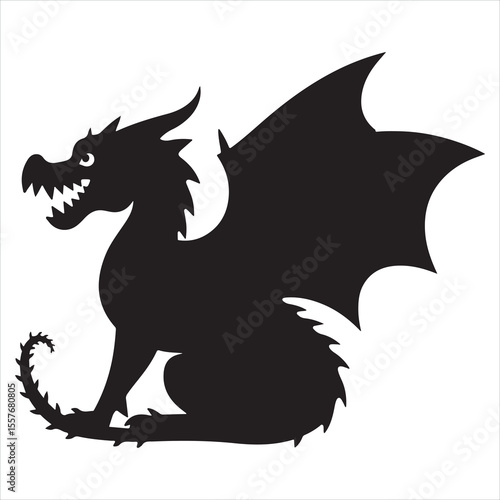 Dramatic Silhouette of a Winged Dragon Fiercely Perched Illustration of Mythical Creature of Fantasy with a Spiked Tail and Horn