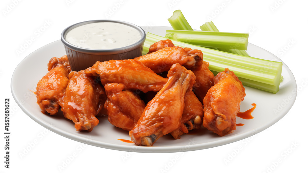 A plate of chicken wings with celery sticks and a side of ranch dressing on a transparent background A plate of chicken wings with celery sticks and a side of ranch dressing on a transparent background