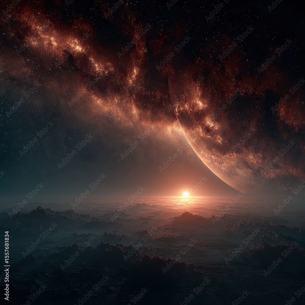 Naklejka premium Epic space landscape with planet, nebula, and cosmic vista