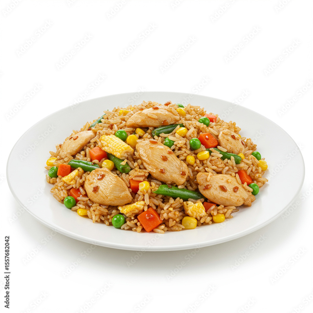 Chicken Fried Rice (Khao Pad) on White Plate Chicken Fried Rice (Khao Pad) on White Plate