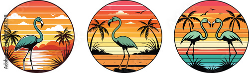 Vector art of three vector illustrations of flamingos at sunset on a beach, creating a tropical summer scene
