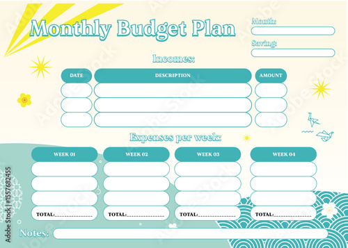 Monthly Budget Planner: A cheerful and organized monthly budget planner template, featuring a pastel color scheme and playful design elements. Perfect for personal or small business use.
