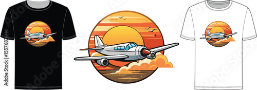 Vector art of a vector illustration of a vintage airplane flying at sunset is displayed on black and white tshirts